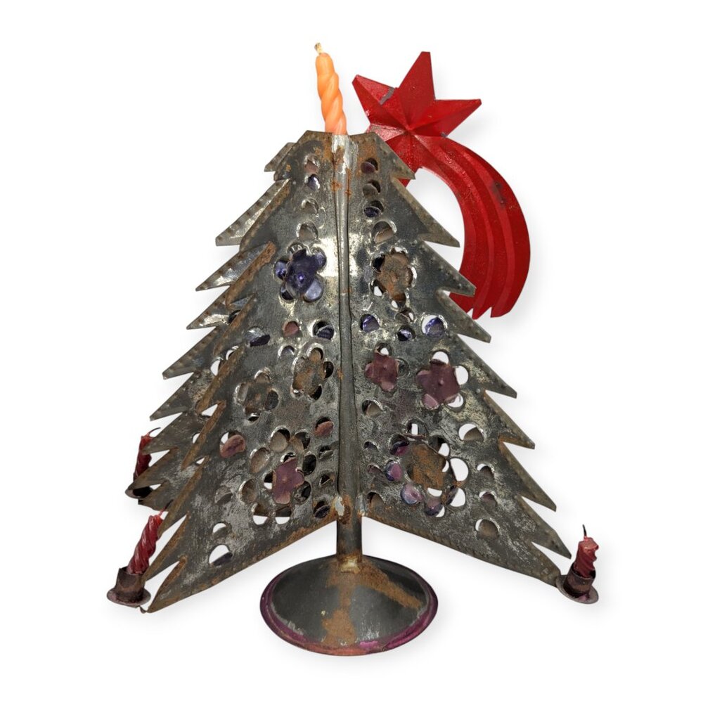 Vintage Primitive Folk Art Metal Christmas Tree Candle Holder with Red Star 12" - Picture 3 of 12